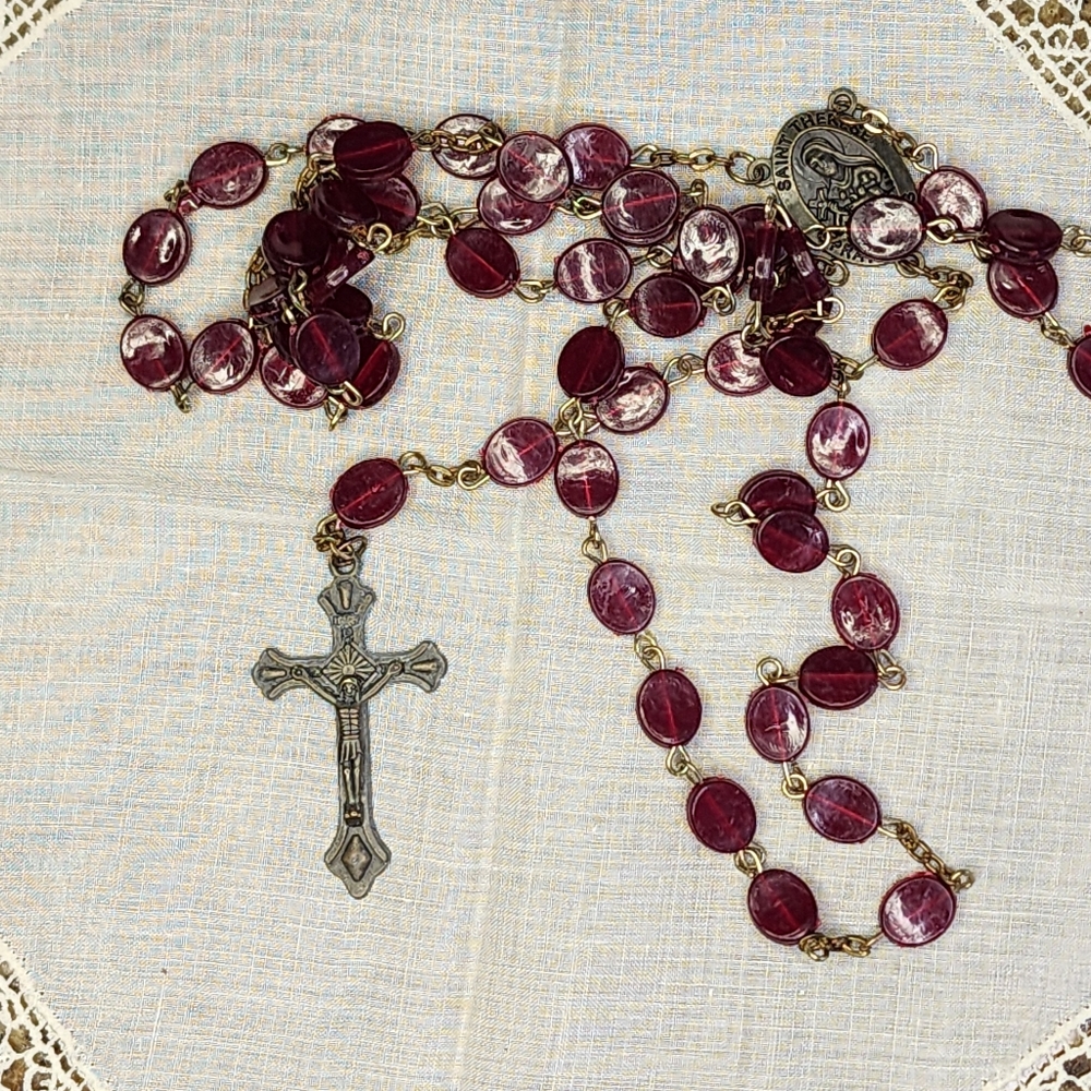Vintage Red Chips Rosary with Pewter Crucifix